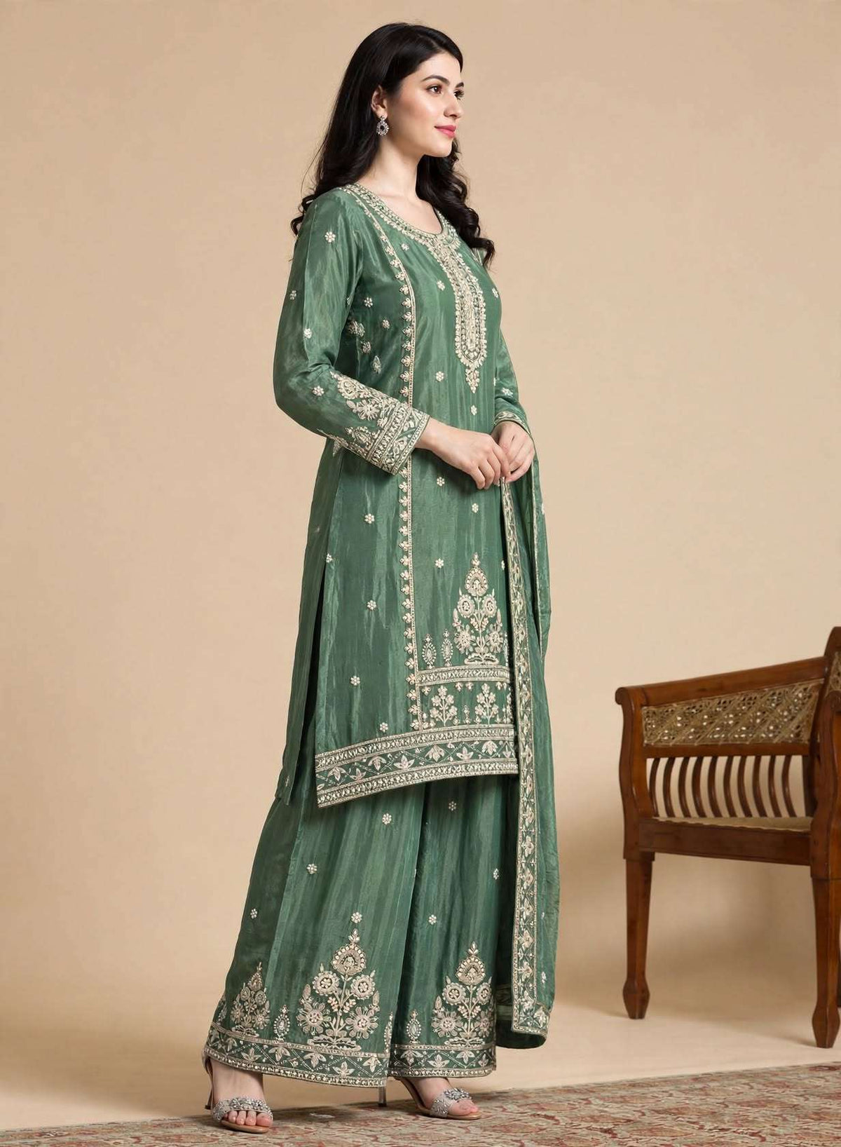 Sea Green Embroidered Chinon Kurta Sharara and Dupatta Set