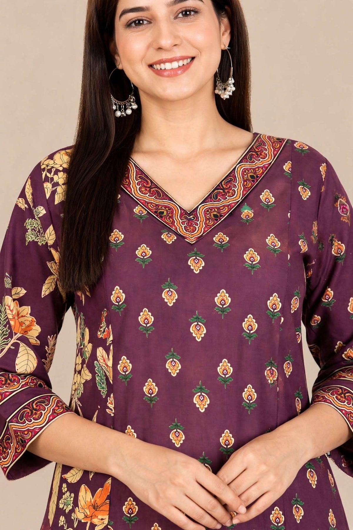 Purple Printed Cotton Kurta and Pant with Dupatta