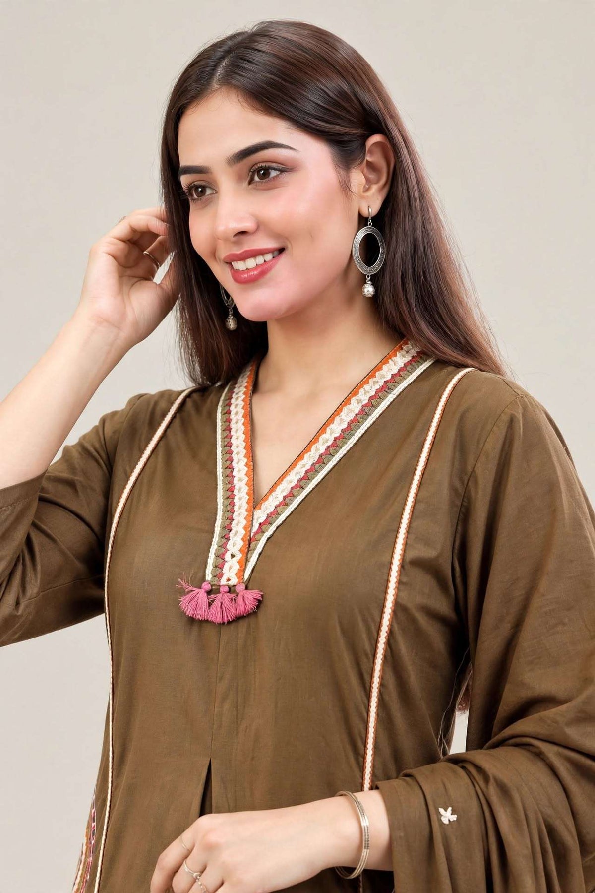 Brown Embroidered Cotton Kurta and Pant with Dupatta