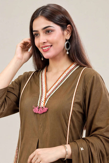 Brown Embroidered Cotton Kurta and Pant with Dupatta