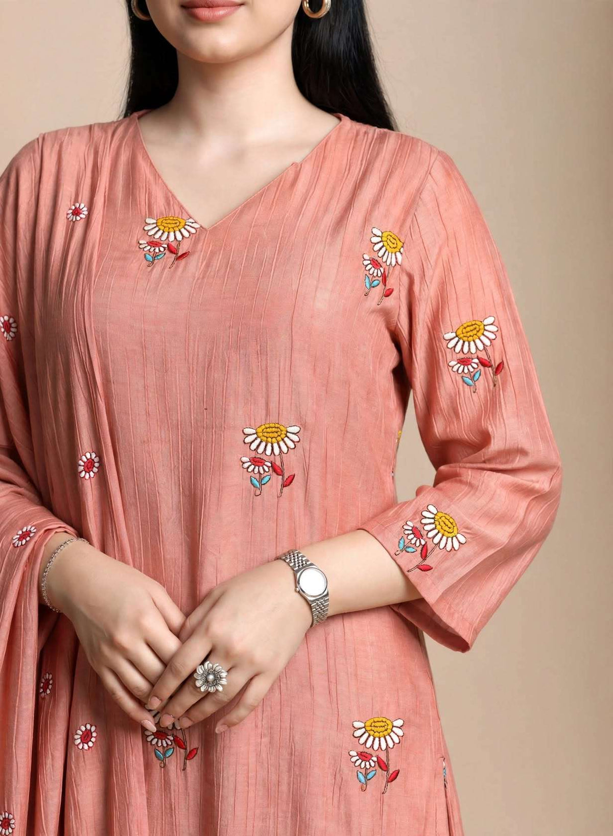 Blush Pink Embroidered Crushed Palli Silk Kurta and Pant with Dupatta