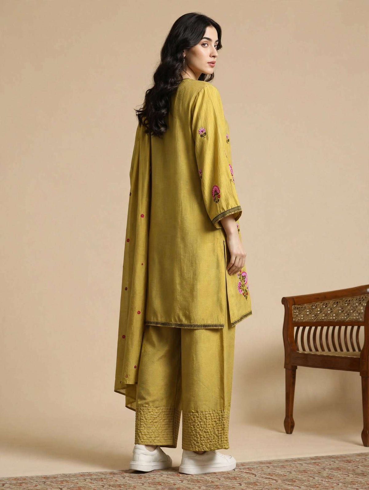 Mustard Embroidered Mul Chanderi Kurta and Pant with Dupatta
