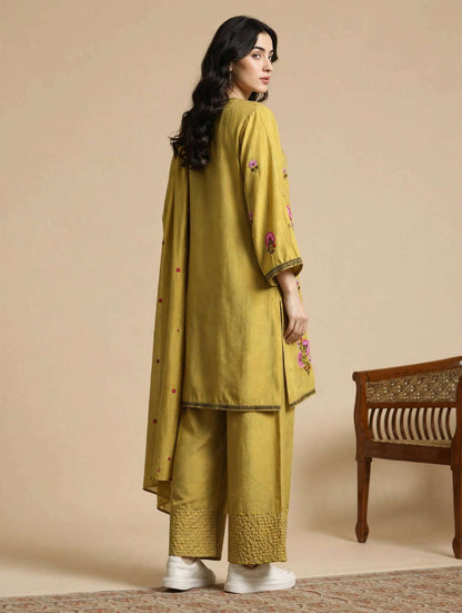 Mustard Embroidered Mul Chanderi Kurta and Pant with Dupatta