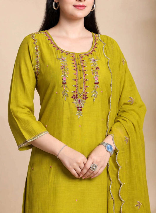 Lime Green Embroidered Mul Chanderi Kurta and pant with Dupatta