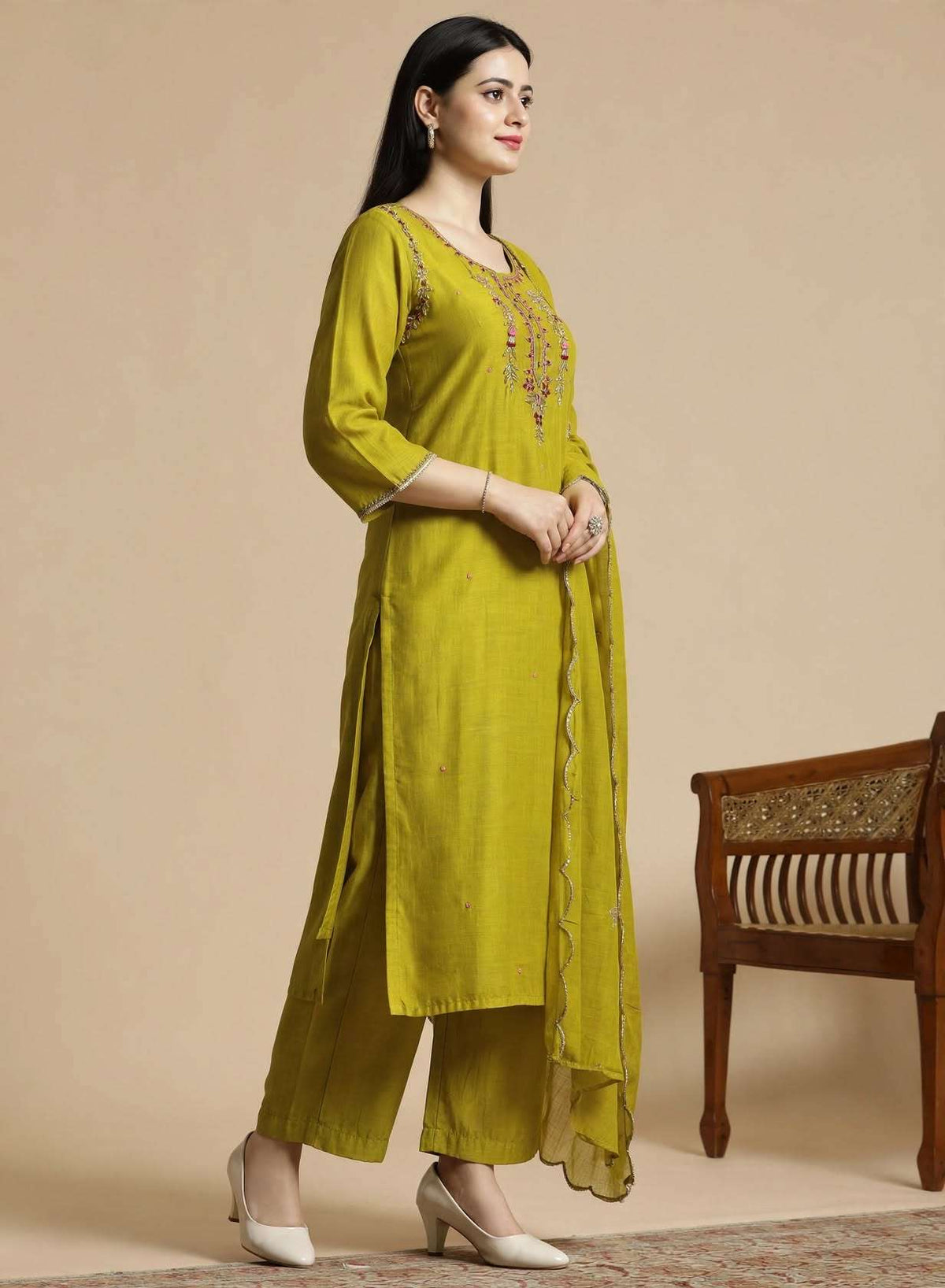 Lime Green Embroidered Mul Chanderi Kurta and pant with Dupatta