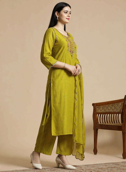 Lime Green Embroidered Mul Chanderi Kurta and pant with Dupatta