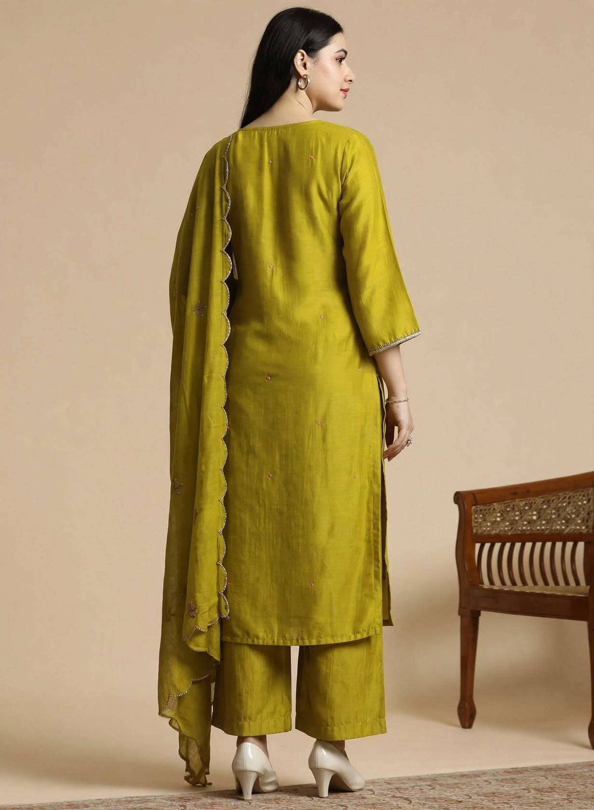 Lime Green Embroidered Mul Chanderi Kurta and pant with Dupatta
