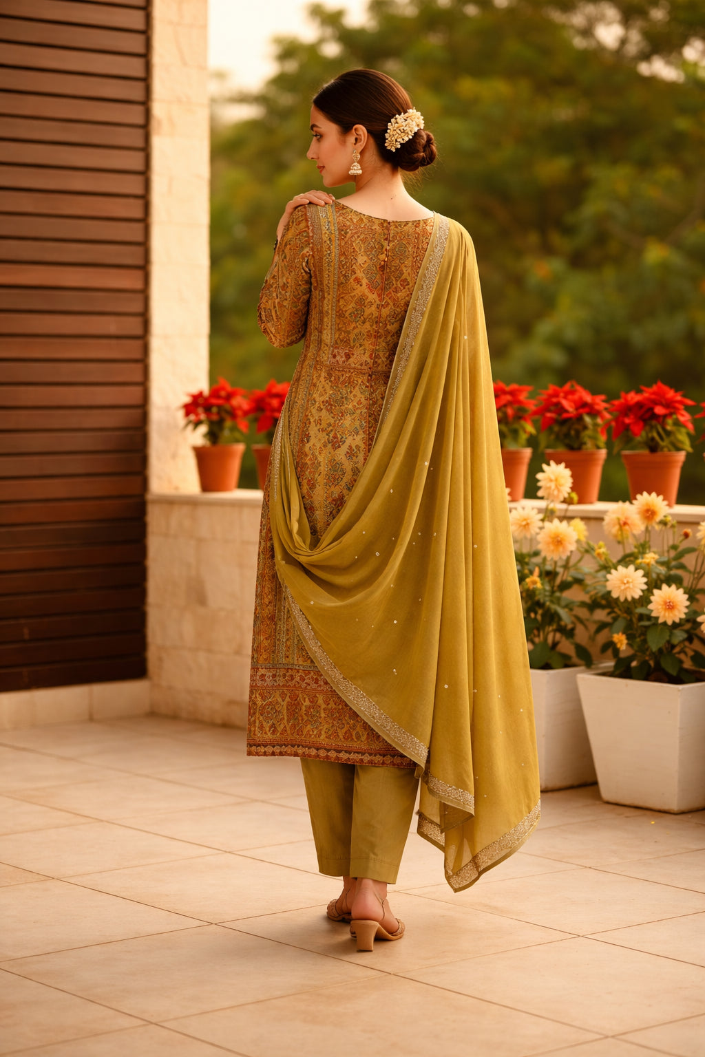 Mustard-Olive Green Digital Print Cotton Blend Suit With Pant And A Chiffon Dupatta