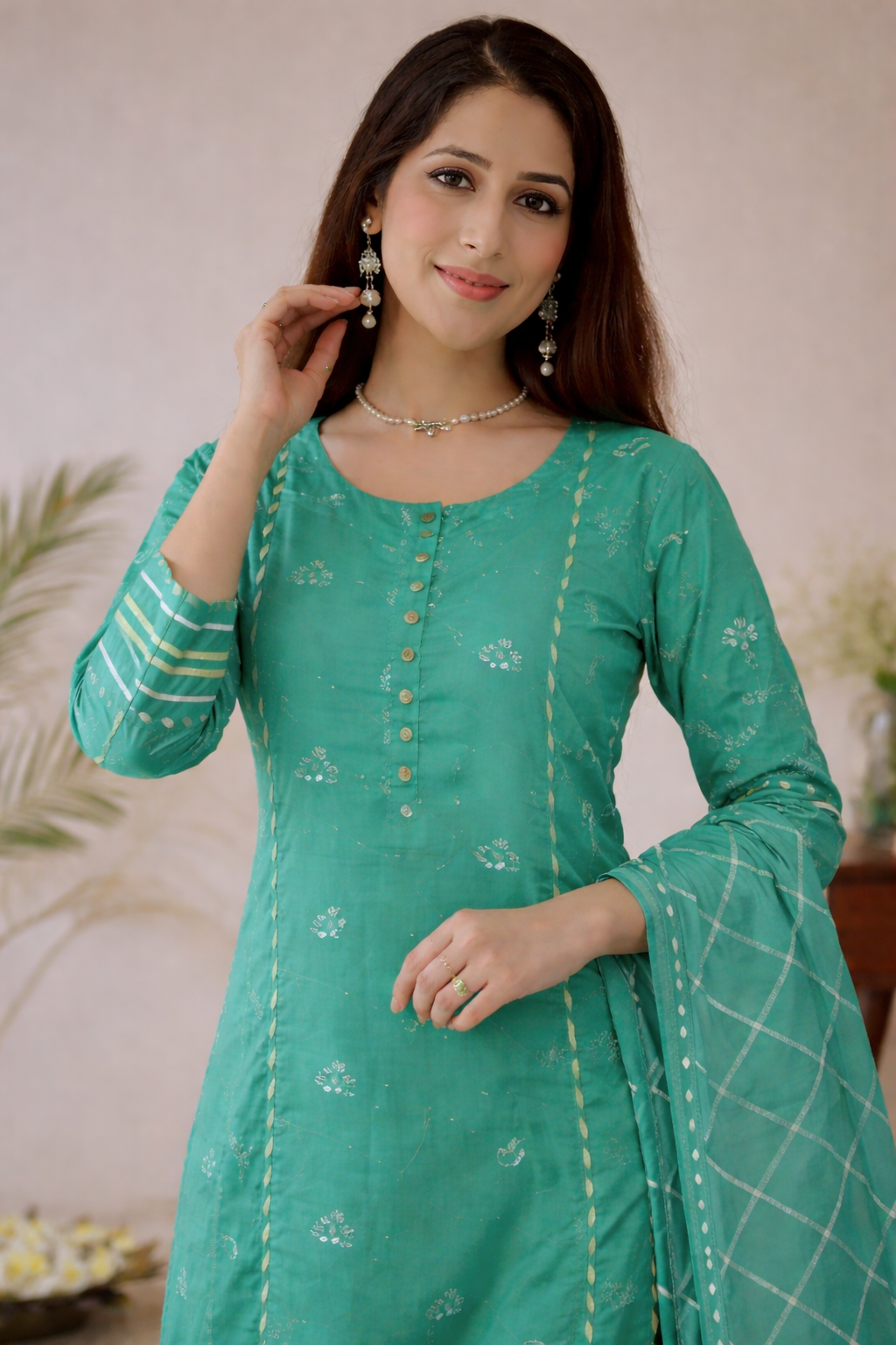 Green Silk embroidered Kurta Pant Set with dupatta