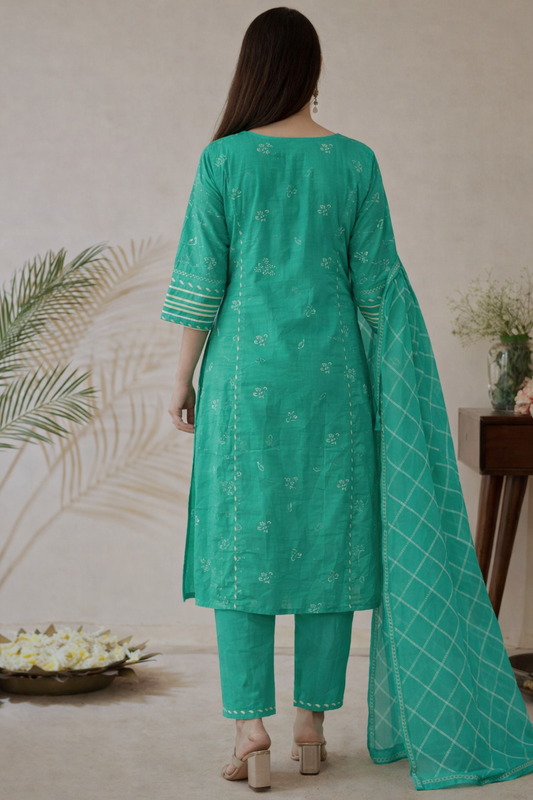 Green Silk embroidered Kurta Pant Set with dupatta
