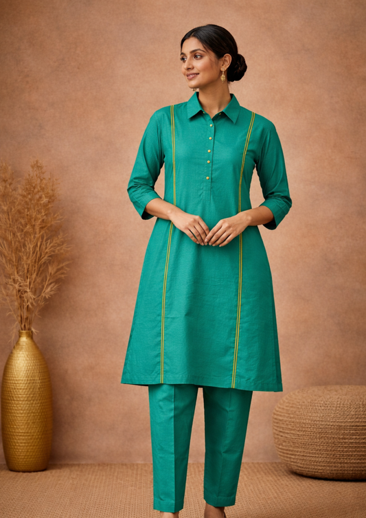 Teal linen with lime piping shirt collar kurta pant set