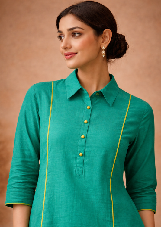 Teal linen with lime piping shirt collar kurta pant set