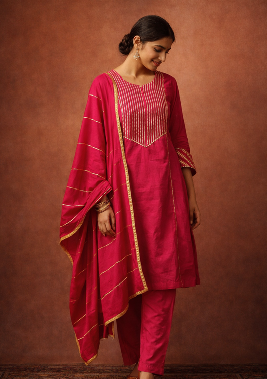 Fuchsia gota work cotton kurta pant set with gold stripes dupatta