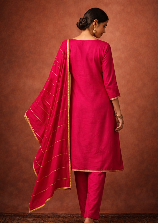 Fuchsia gota work cotton kurta pant set with gold stripes dupatta