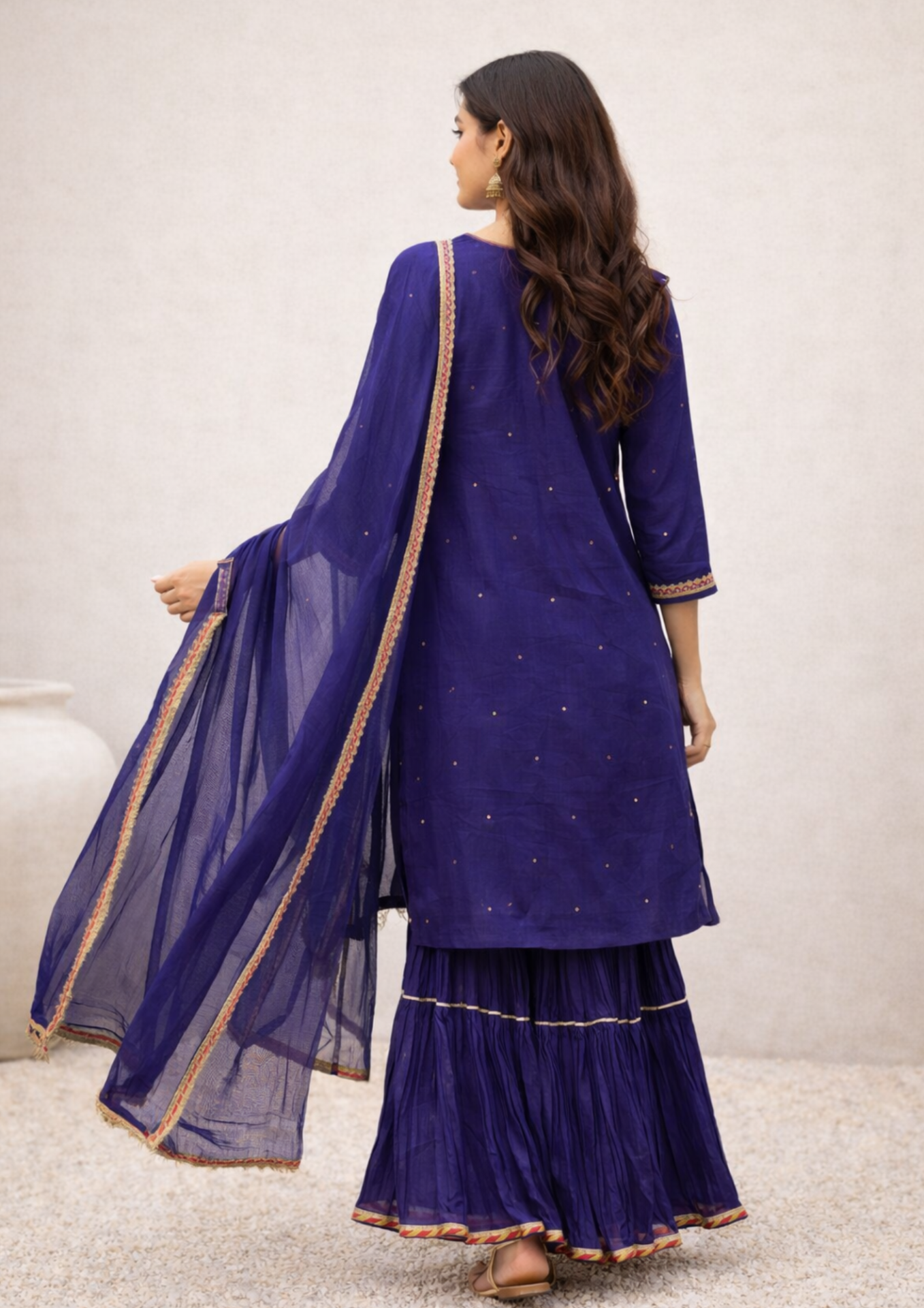 royal blue silk kurta sharara set with embroidered detailing and chiffon dupatta
