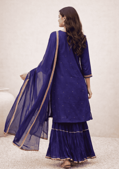 royal blue silk kurta sharara set with embroidered detailing and chiffon dupatta