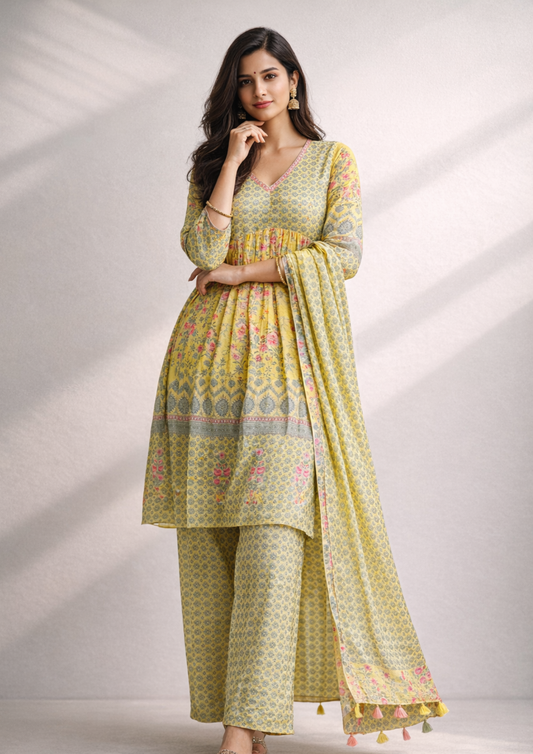 Mustard yellow malmal floral kurta palazzo set with printed dupatta