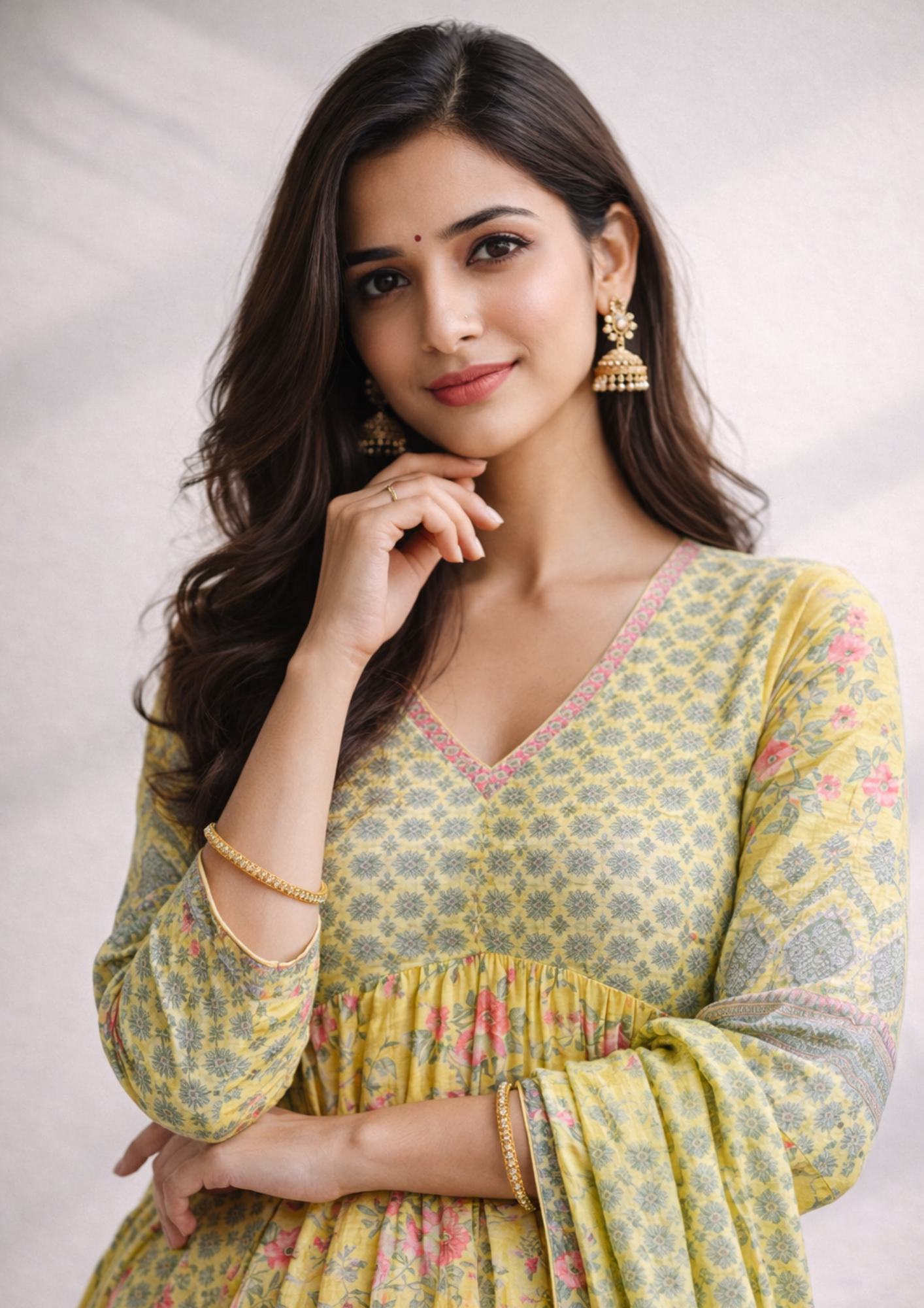 Mustard yellow malmal floral kurta palazzo set with printed dupatta