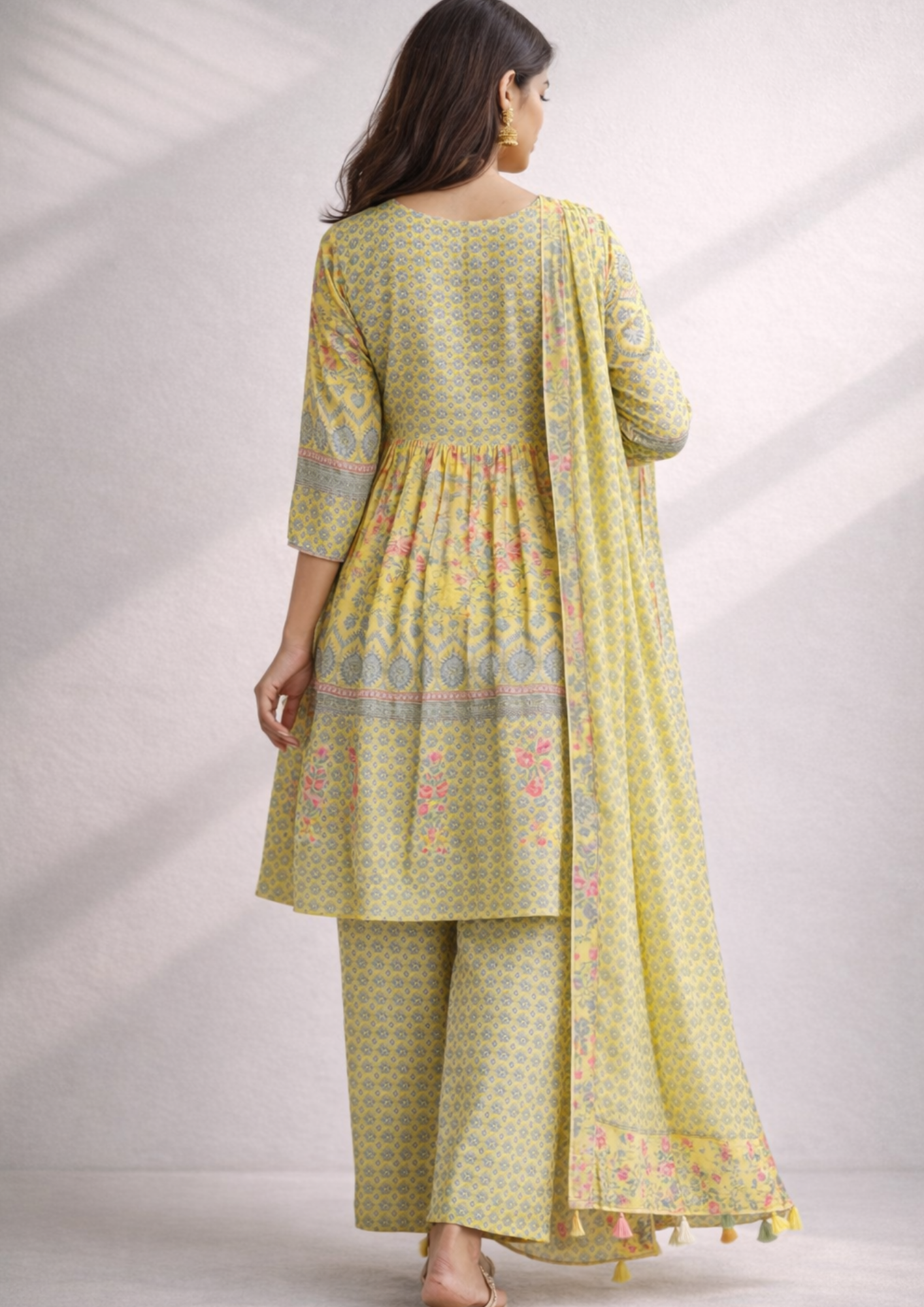 Mustard yellow malmal floral kurta palazzo set with printed dupatta