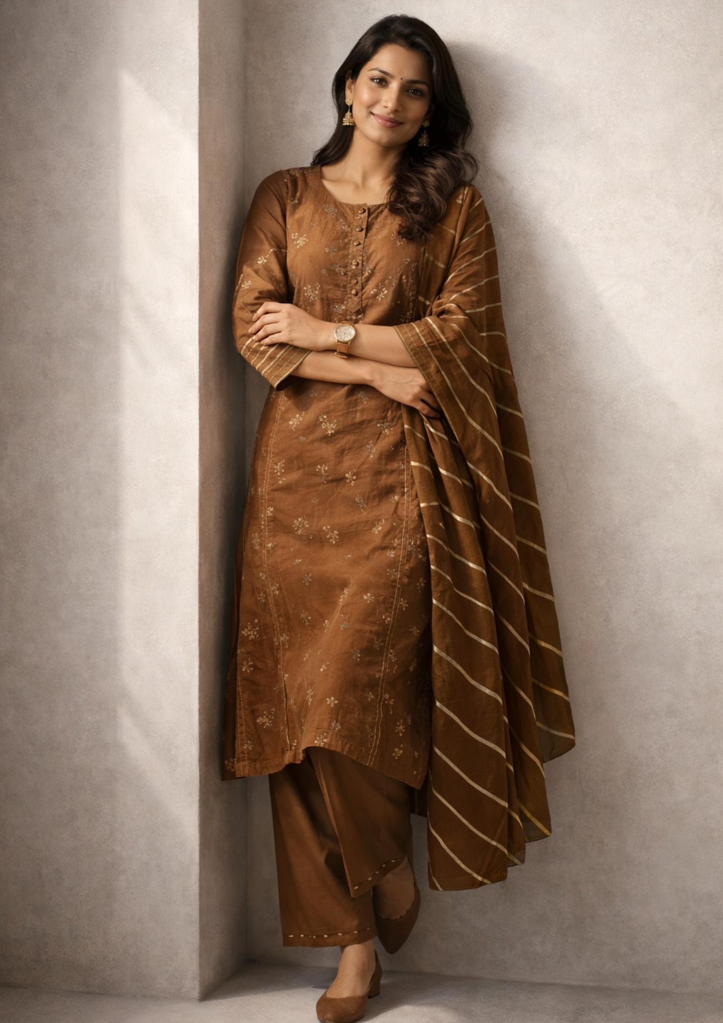 Chocolate brown silk kurta set with striped dupatta