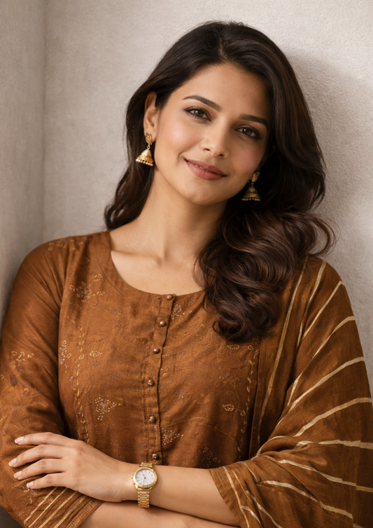 Chocolate brown silk kurta set with striped dupatta