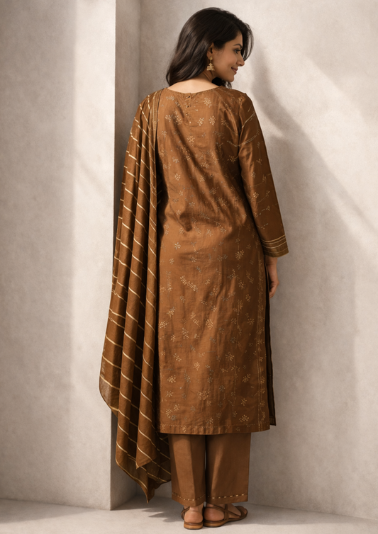 Chocolate brown silk kurta set with striped dupatta