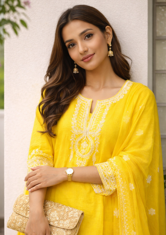 Bright Yellow Embroidered Cotton Kurta Pant Set With Dupatta