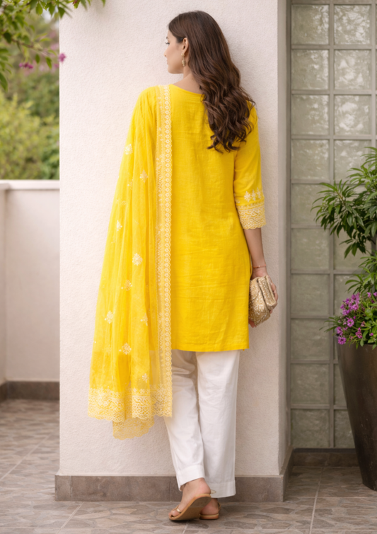 Bright Yellow Embroidered Cotton Kurta Pant Set With Dupatta