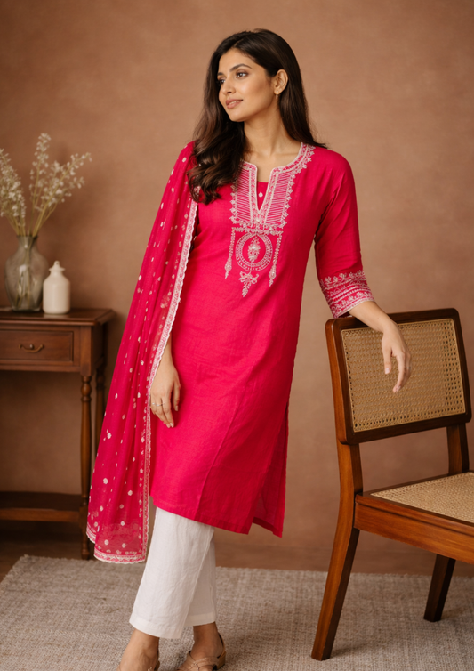 Hot pink cotton  embroidered kurta pant set with dupatta