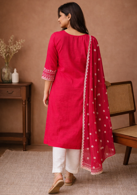 Hot pink cotton  embroidered kurta pant set with dupatta