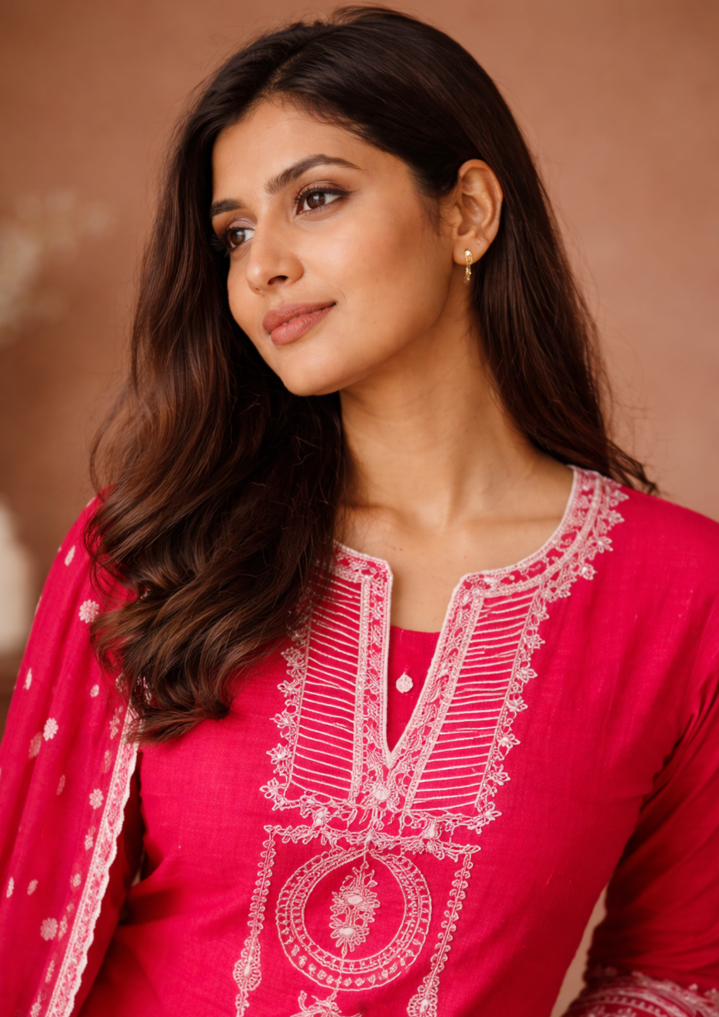 Hot pink cotton  embroidered kurta pant set with dupatta