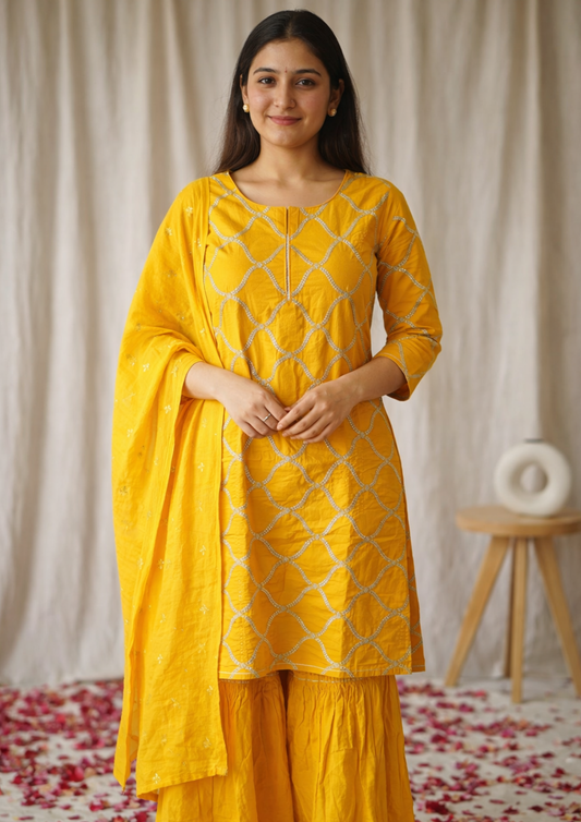 Mustard yellow cotton silk kurta set with embroidered dupatta