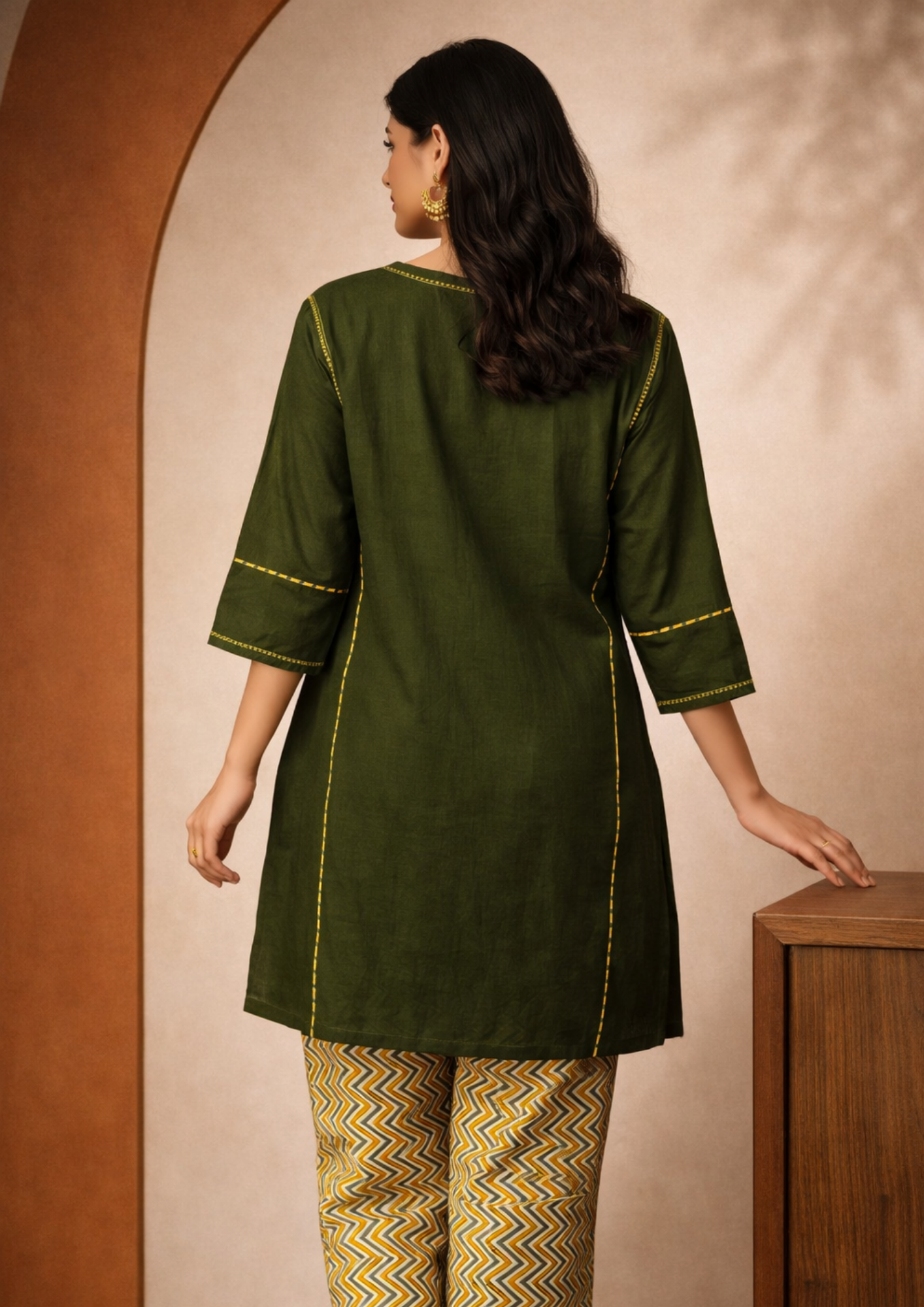 Olive green cotton kurta with printed pant set