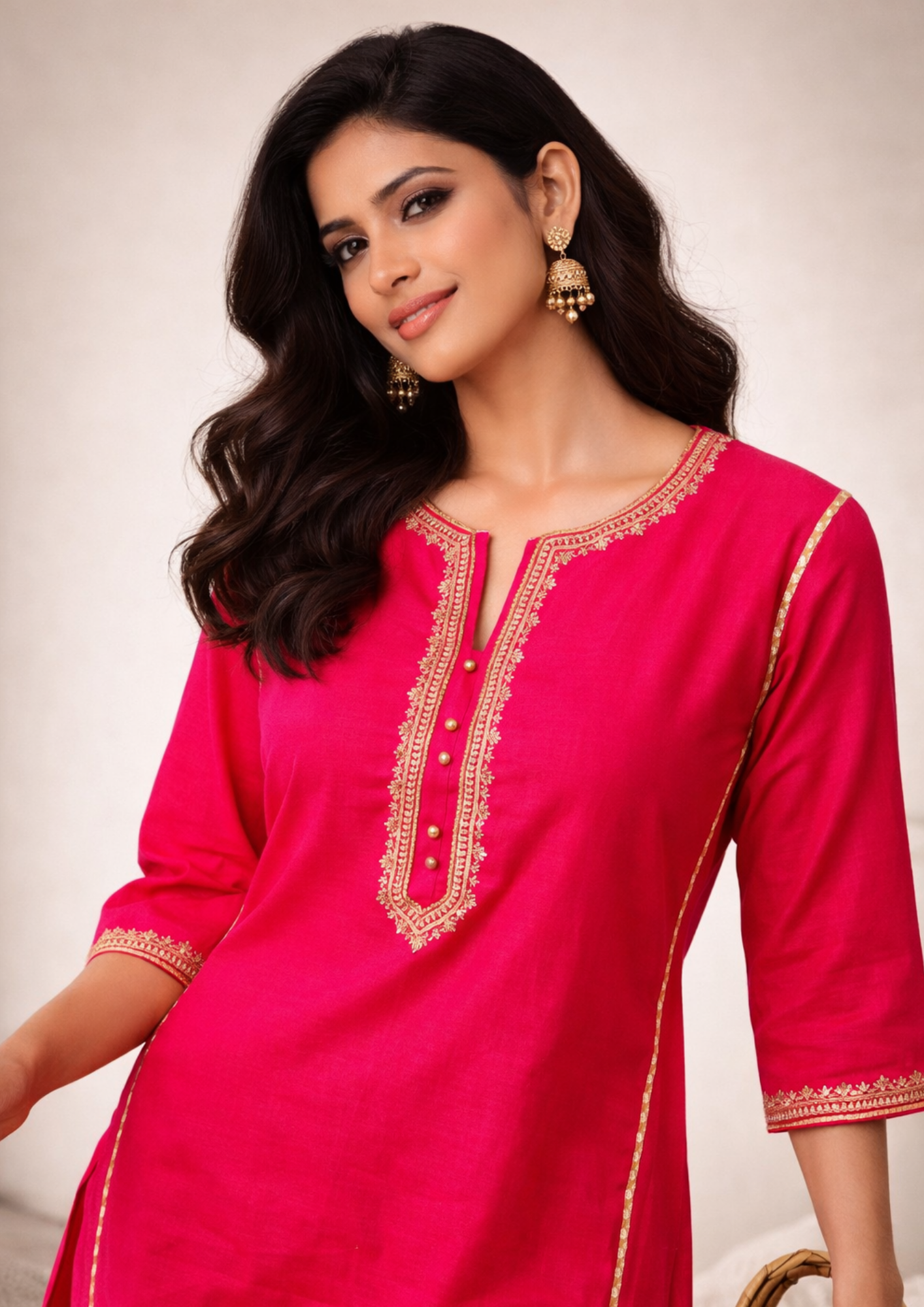 Rani Pink embroidered round neck silk kurta pant set