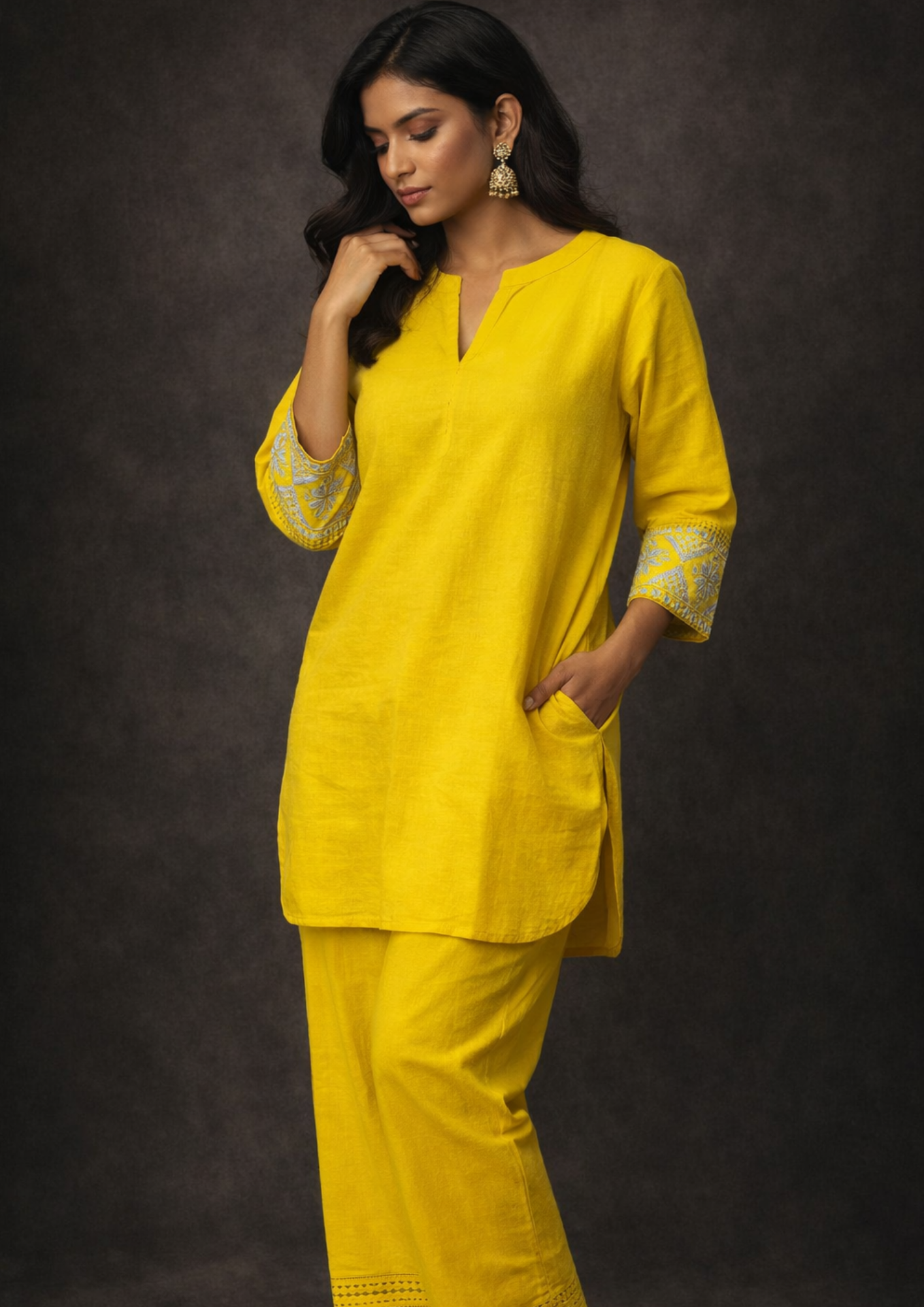 Mustard embroidered sleeves  linen kurta pant set