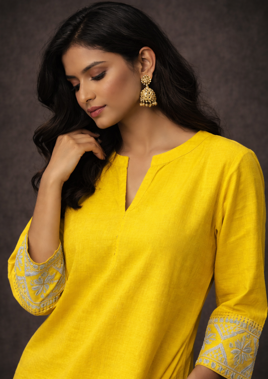 Mustard embroidered sleeves  linen kurta pant set