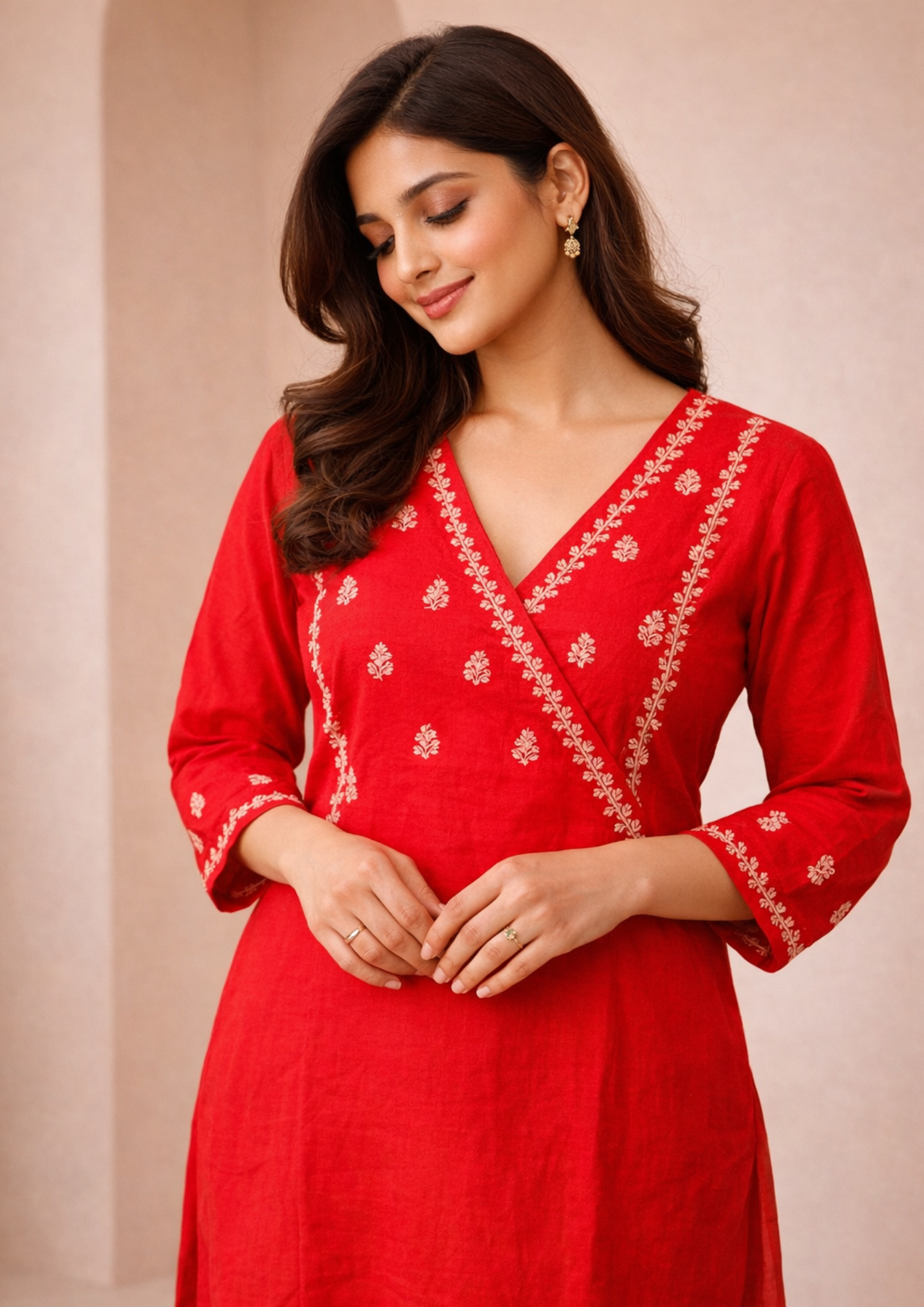 Red with Embroidered Soft Silk Blend Kurta Pant Set