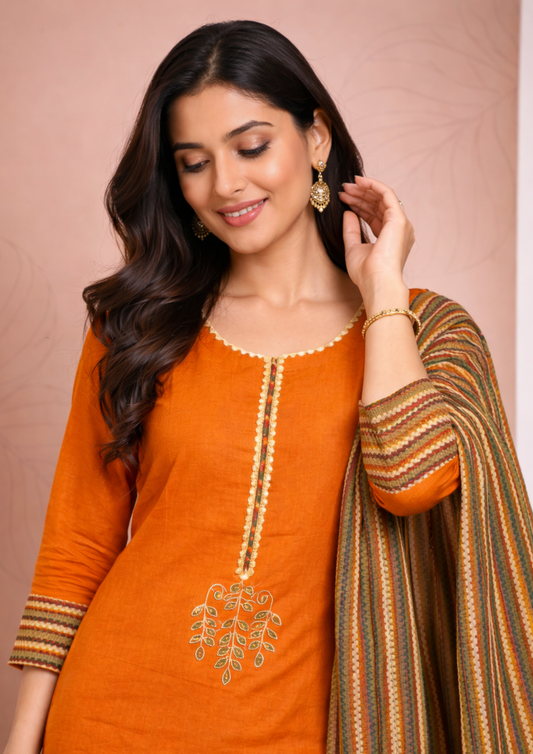 Rust Orange Cotton Kurta Pant Set with printed dupatta