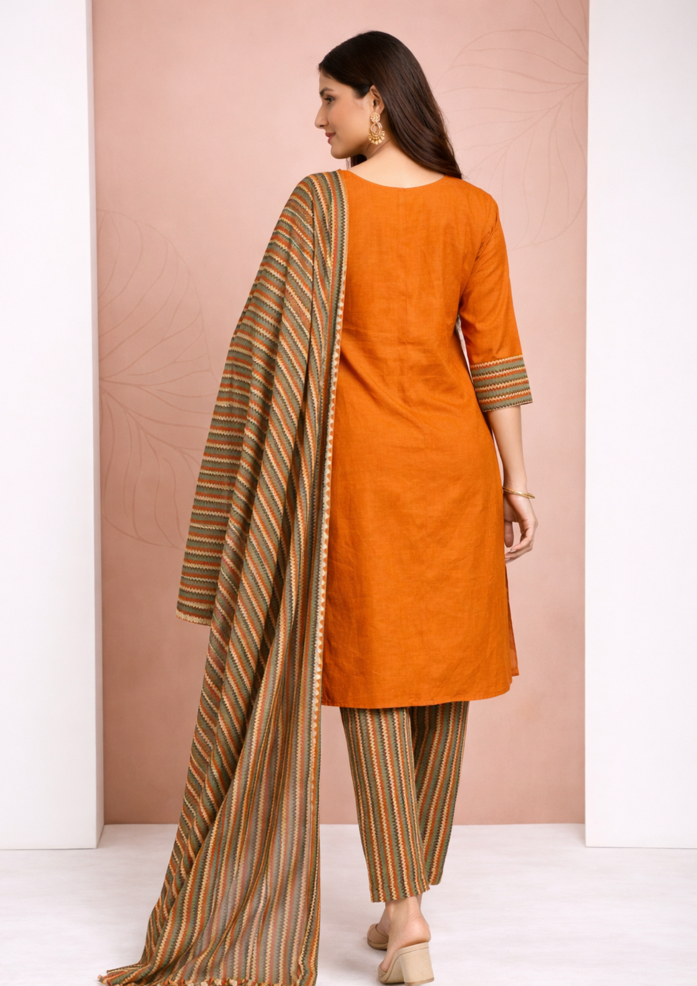 Rust Orange Cotton Kurta Pant Set with printed dupatta