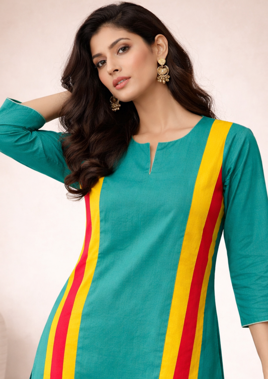 Teal Green with Yellow Pink Striped Panels linen Kurta Pant Set