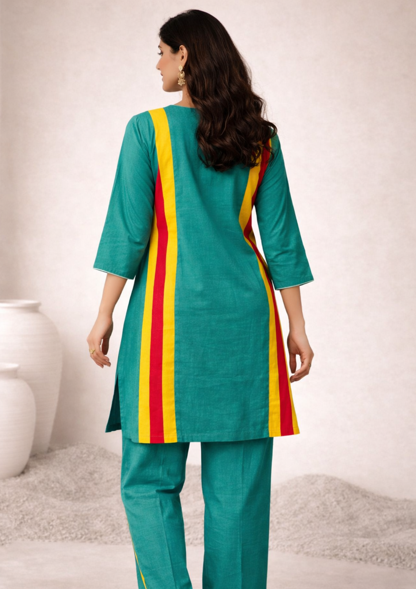 Teal Green with Yellow Pink Striped Panels linen Kurta Pant Set