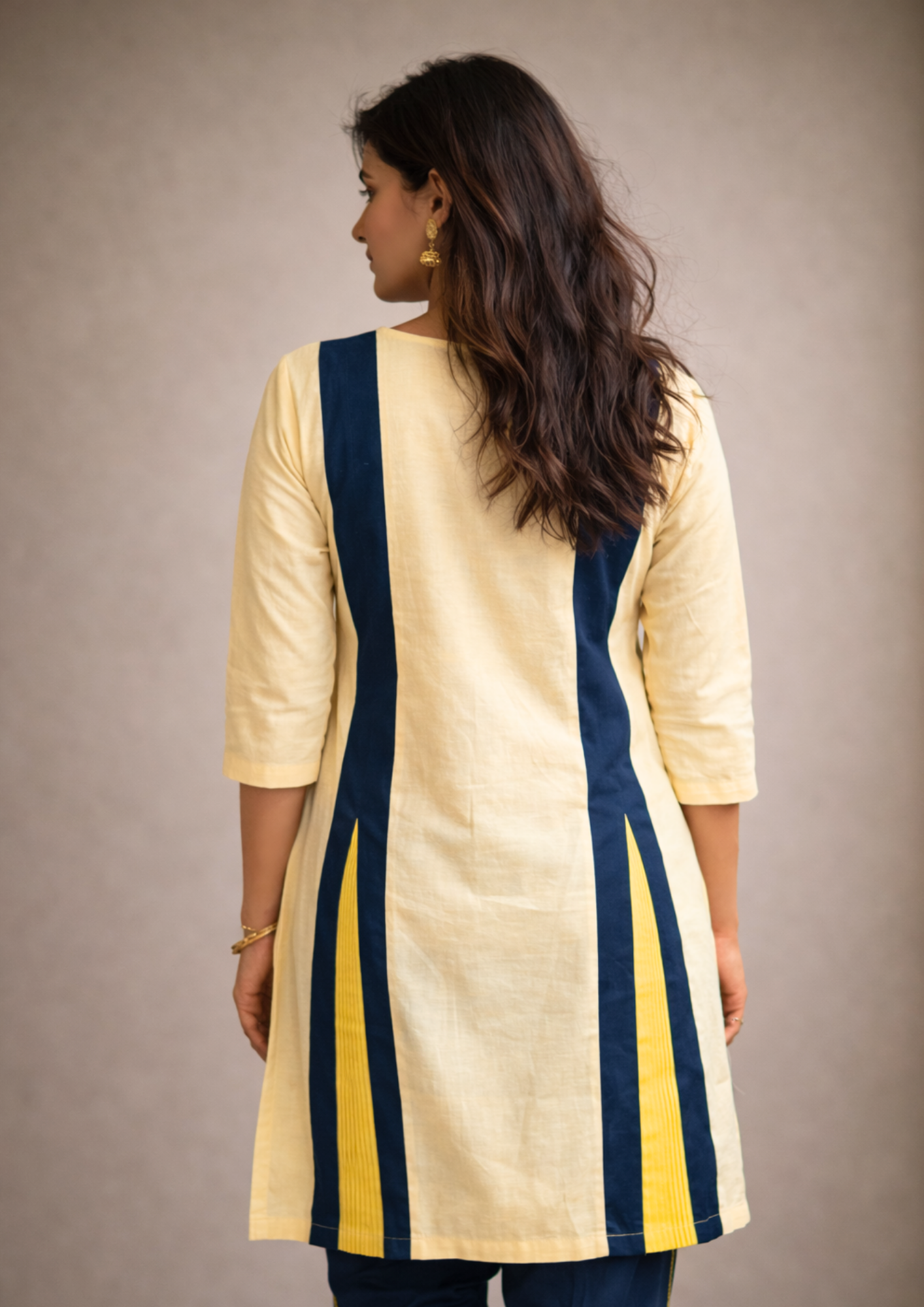 Cream cotton linen in navy colour block with inner lining kurta pant set
