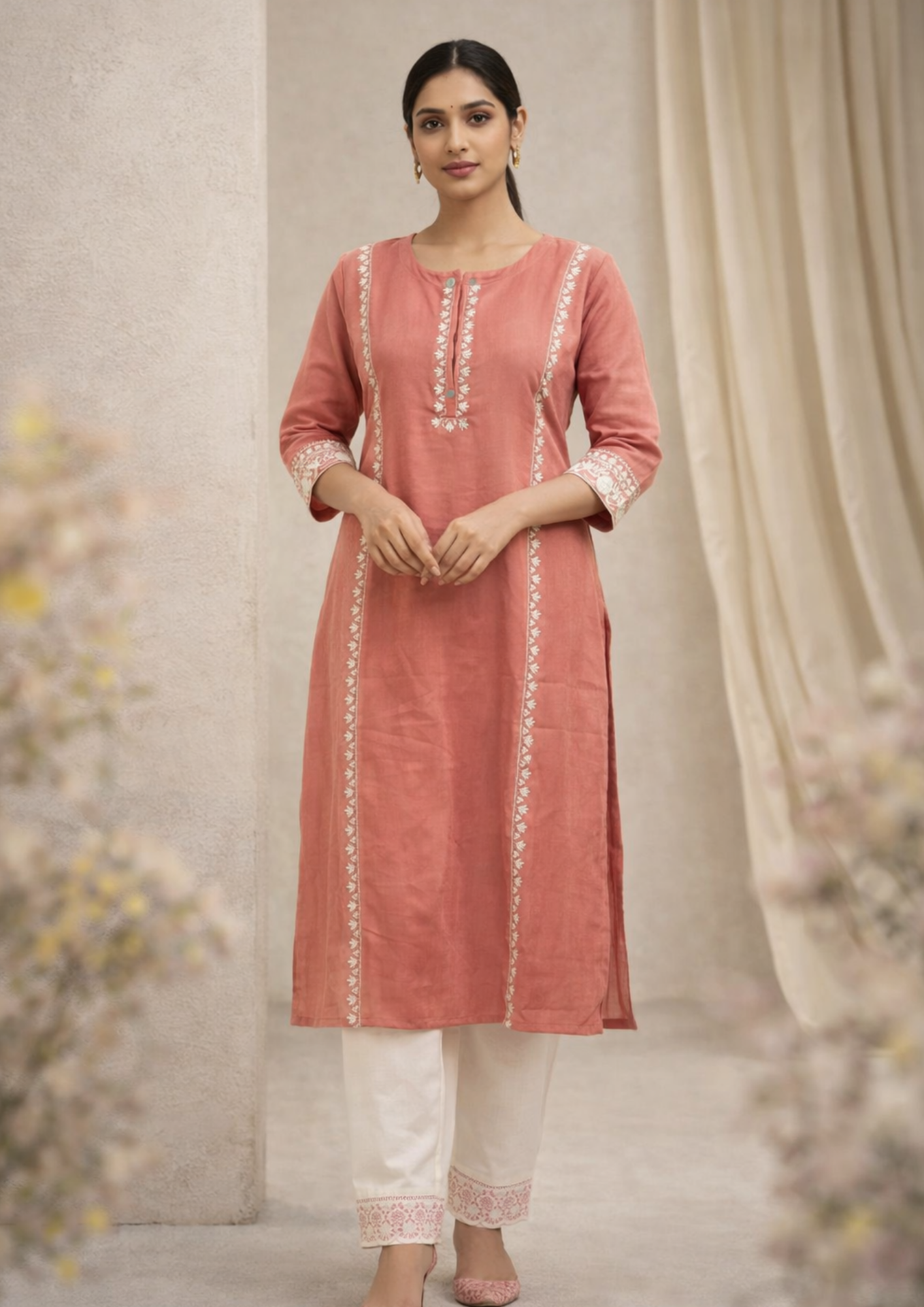 Peach cotton aari embroidered kurta with white cotton pant set
