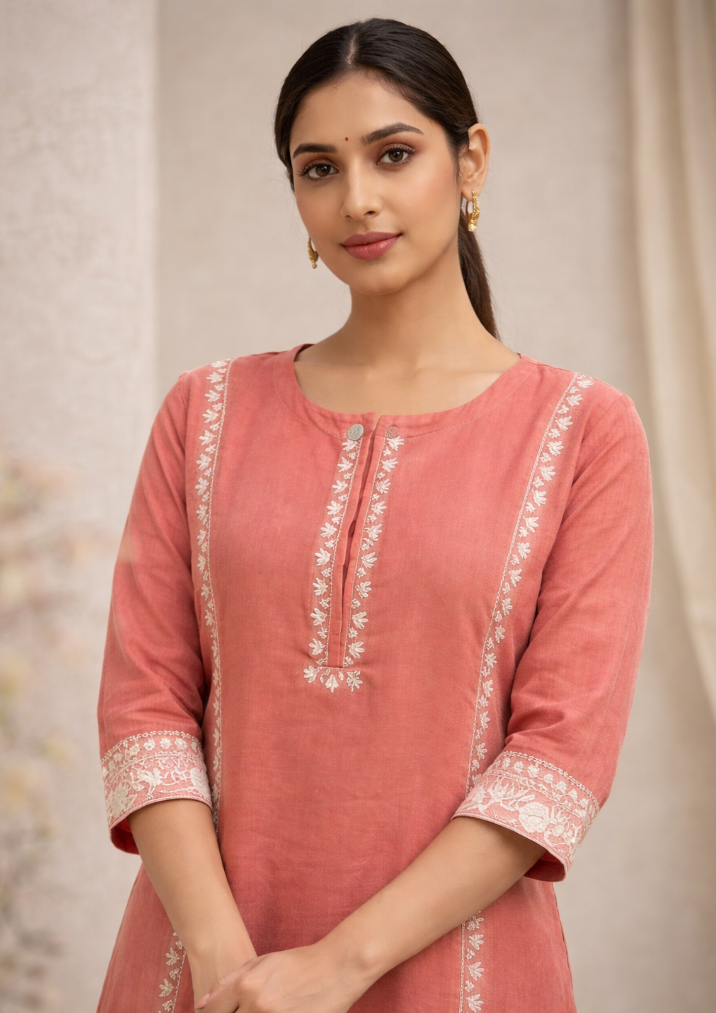 Peach cotton aari embroidered kurta with white cotton pant set