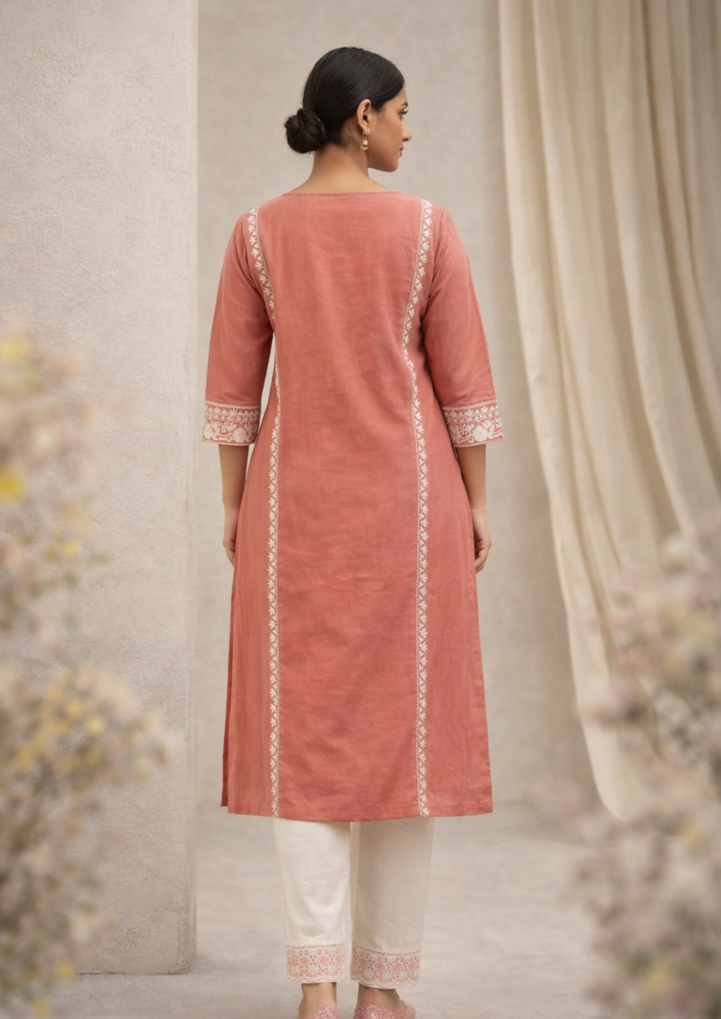 Peach cotton aari embroidered kurta with white cotton pant set