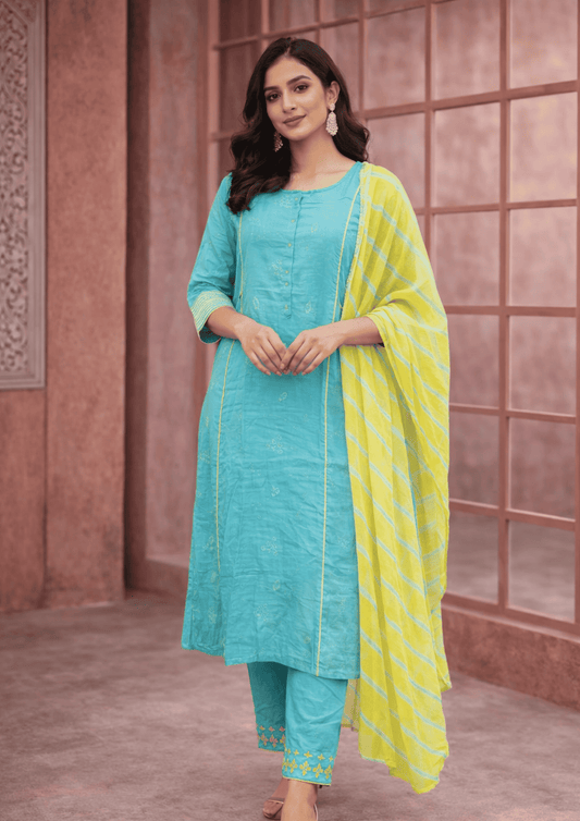 Turquoise cotton embroidered kurta pant set with yellow dupatta