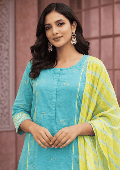 Turquoise cotton embroidered kurta pant set with yellow dupatta