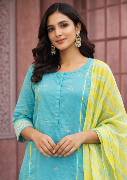 Turquoise cotton embroidered kurta pant set with yellow dupatta