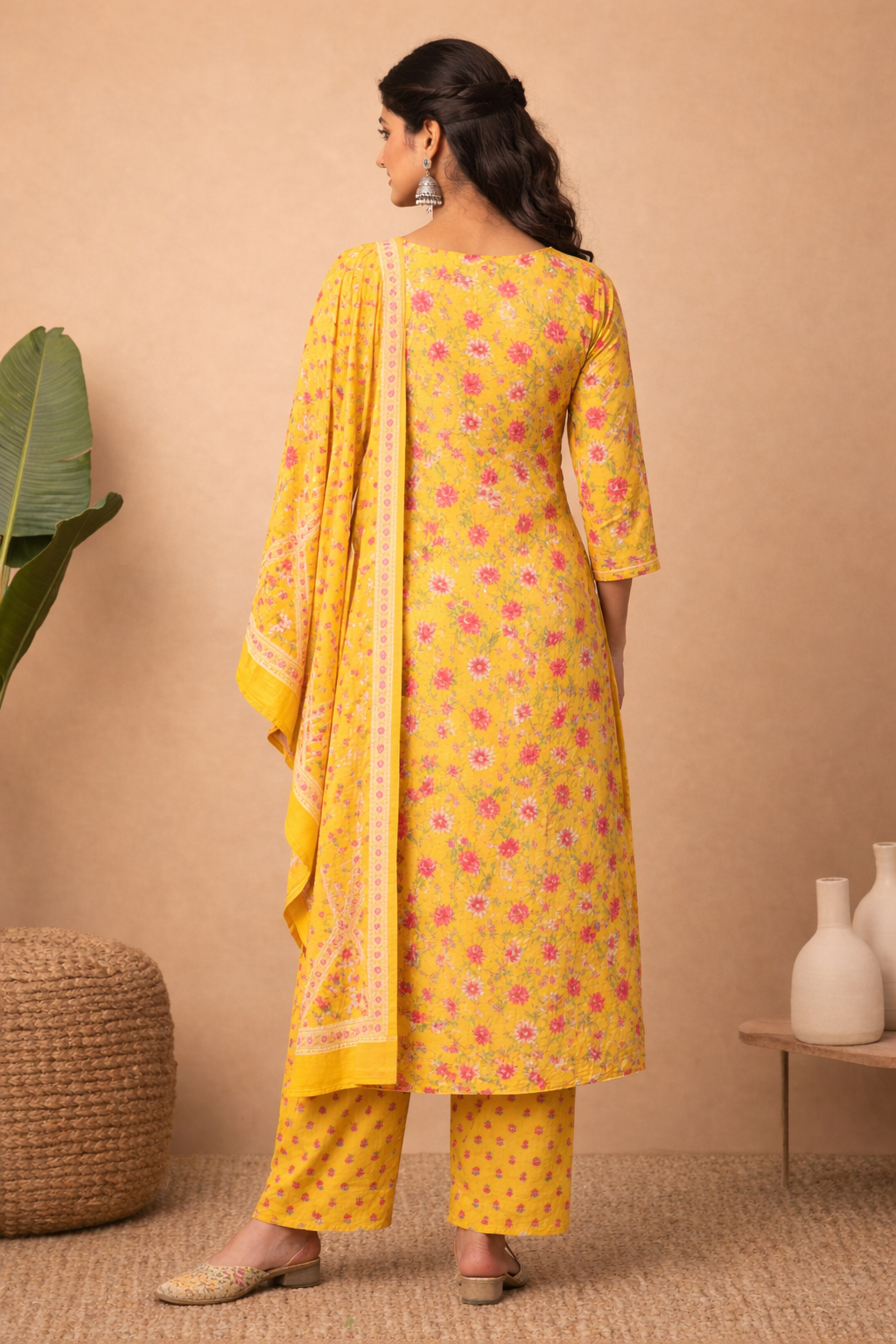 Mustard yellow cotton floral printed kurta pant set with dupatta