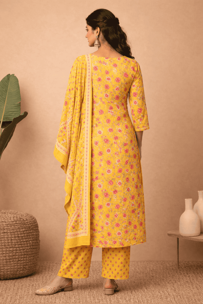 Mustard yellow cotton floral printed kurta pant set with dupatta